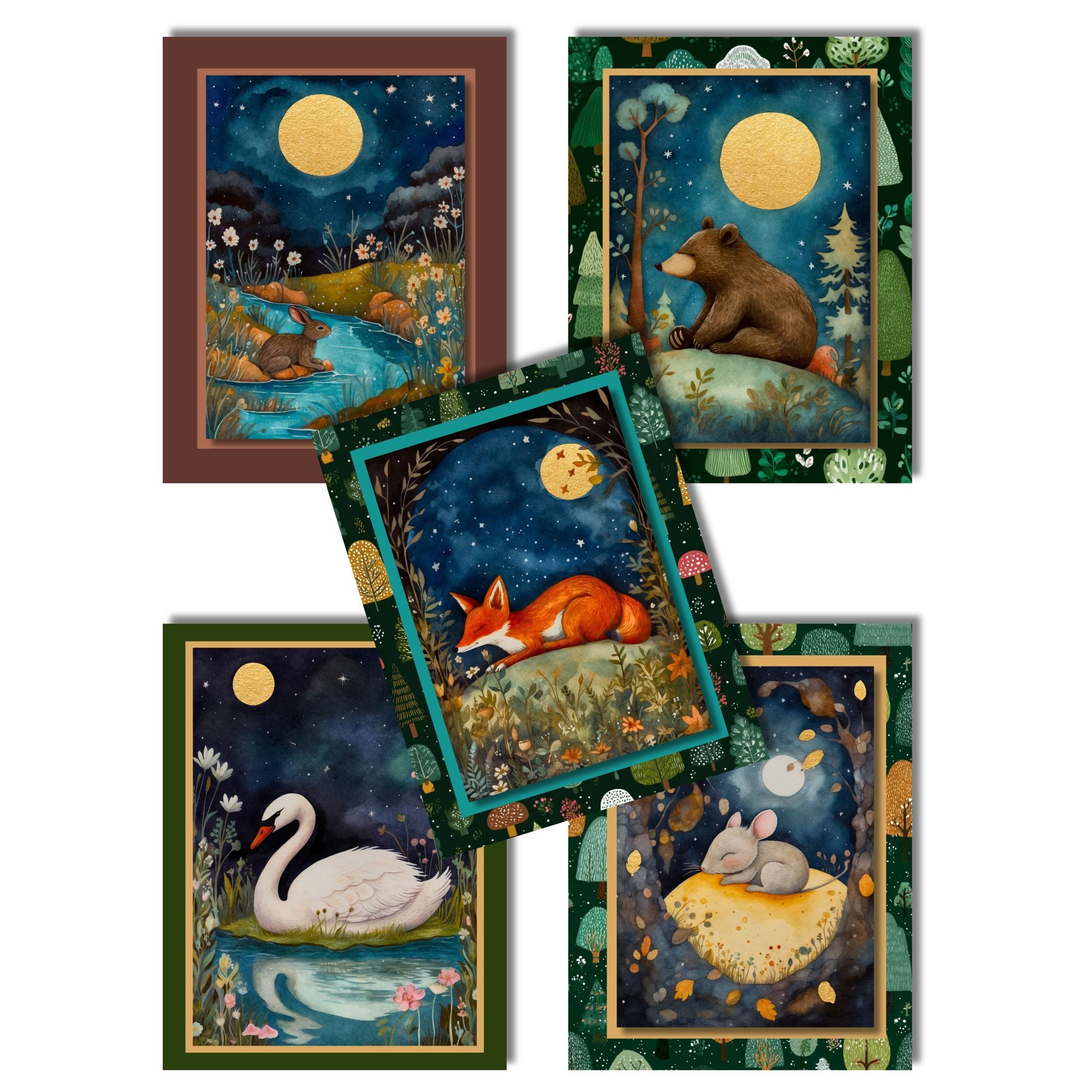 Moonlight Animals Note Card Set of 5 with Envelopes